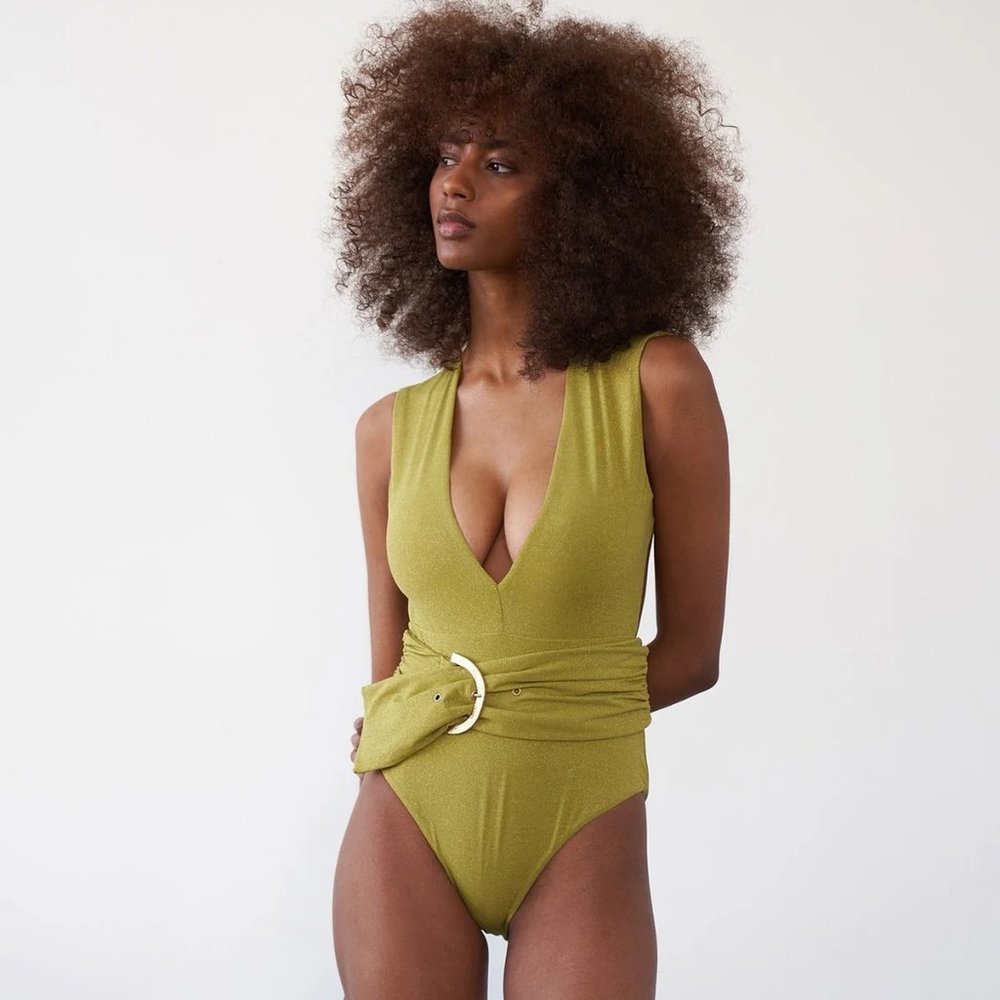 NEW Revel Rey Dean One Piece Swimsuit in Sparkle Green Belted Small S